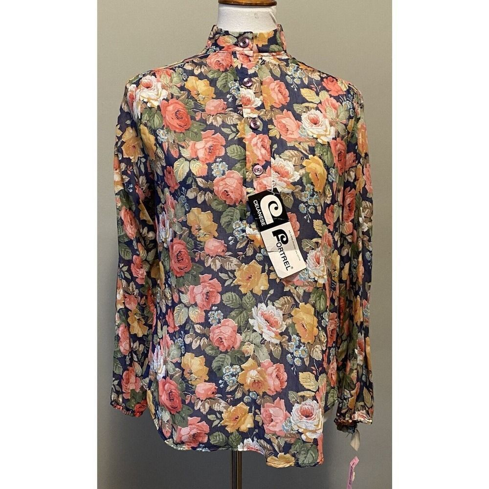 Vintage 70's Land N Sea Rose Floral Blouse Quarter Shirt Deadstock M? Semi Sheer